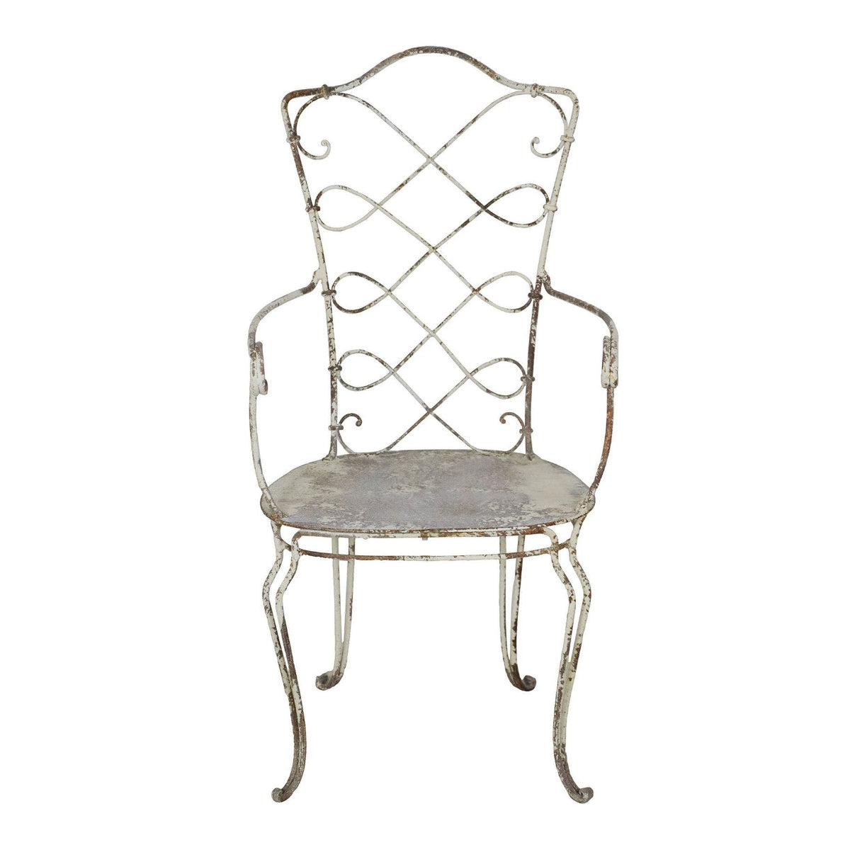 A distressed white metal garden armchair with a high lattice backrest, curved arms, and a round seat, shown against a plain white background with a model number text overlay at the bottom.