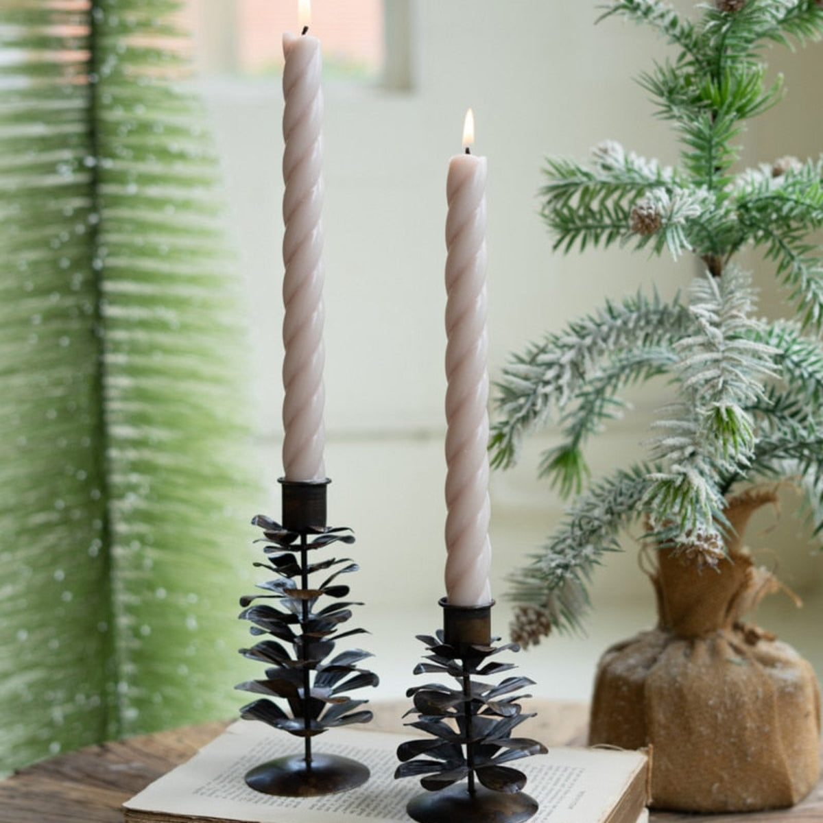 Antique brown metal pinecone taper candle holders