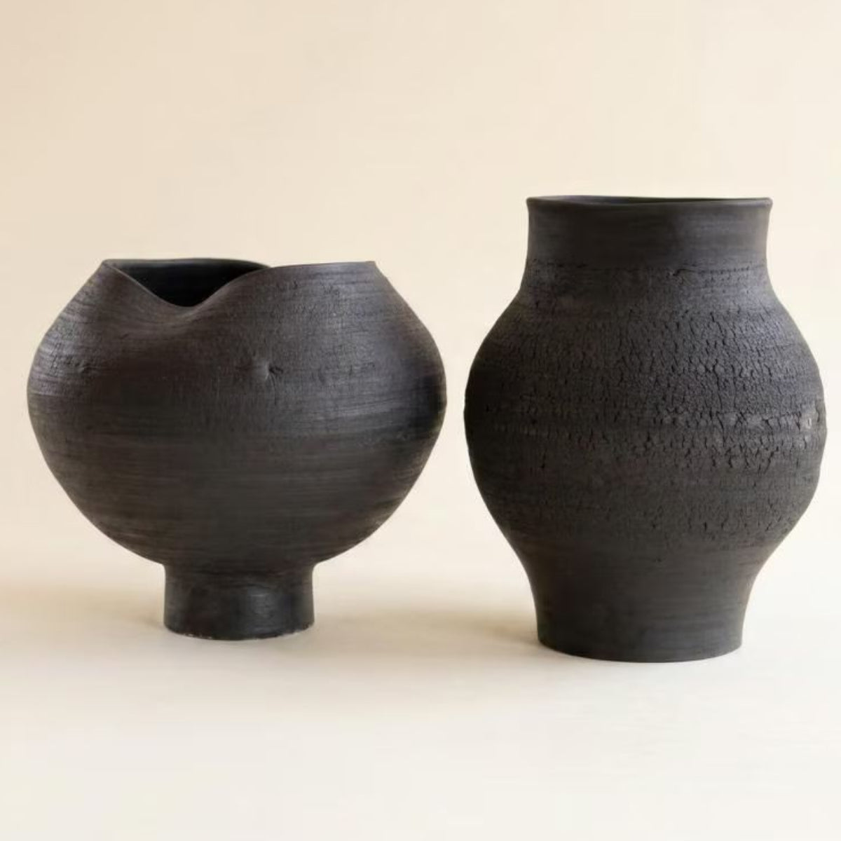 Set of 2 black crackle clay vases on a white background