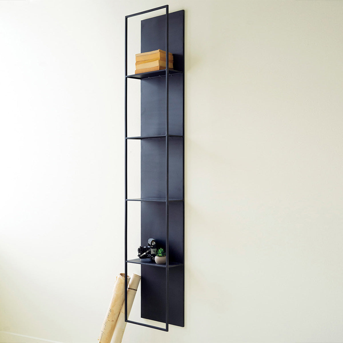 Tall matte black metal four-tier wall shelf