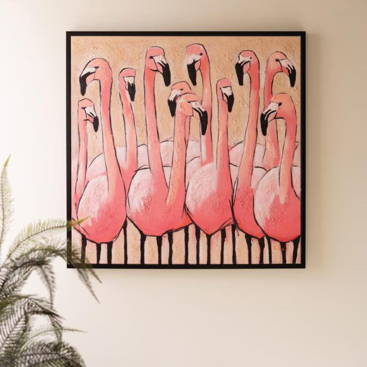 Blush Flamingo Flock Canvas Art, framed painting of pink flamingos hung on a wall