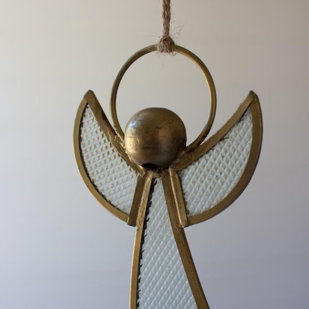 Brass & Glass Angel Ornaments, antique brass angel ornament with pebble glass wings hanging