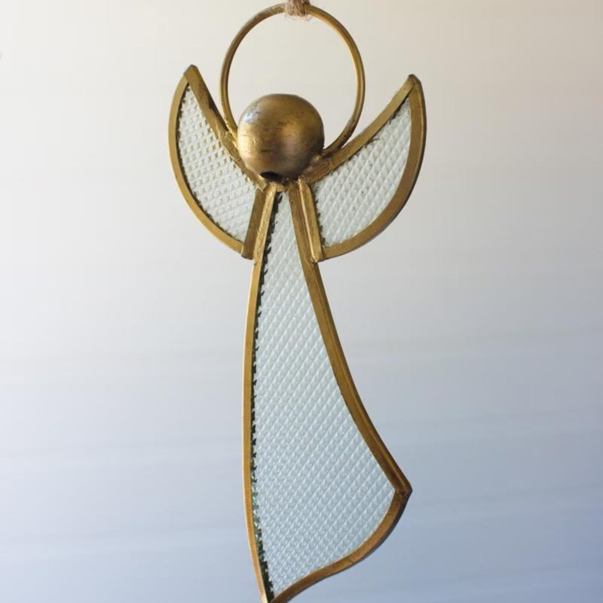 Brass & Glass Angel Ornaments, antique brass angel ornament with pebble glass wings hanging