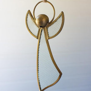 Brass & Glass Angel Ornaments, antique brass angel ornament with pebble glass wings hanging