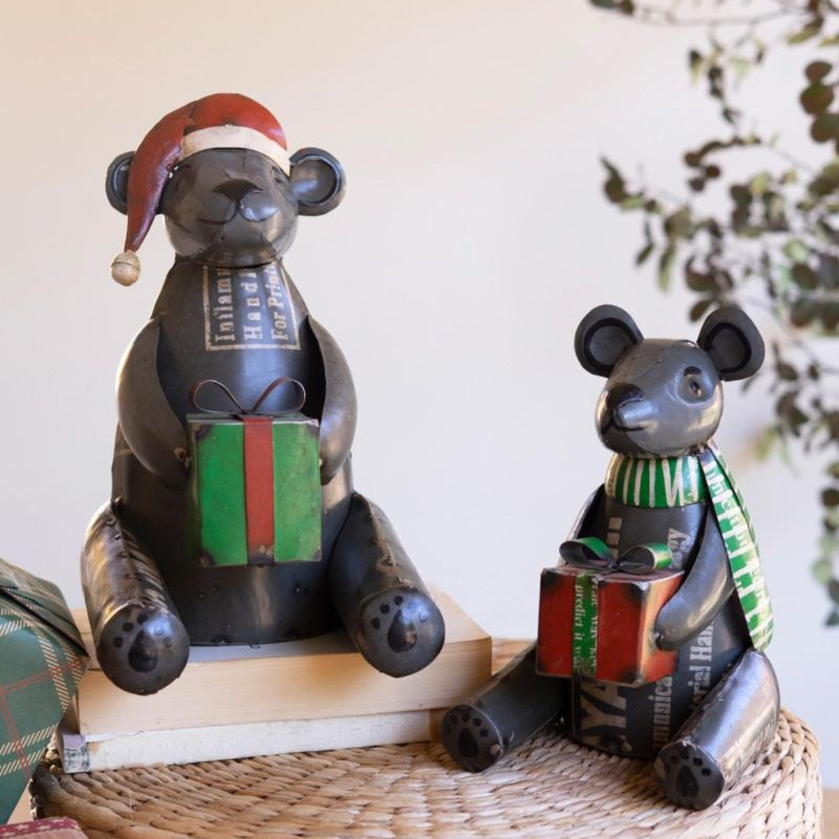 Cabin Bear Cubs, set of 2 recycled metal black bears holding Christmas gifts
