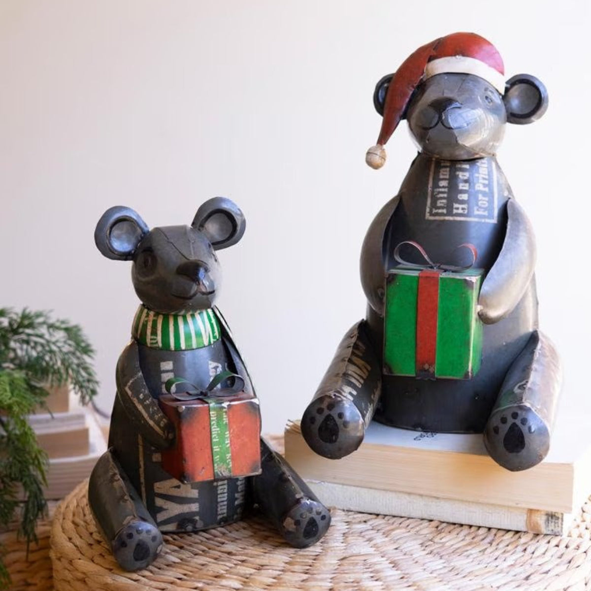 Cabin Bear Cubs, set of 2 recycled metal black bears holding Christmas gifts