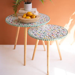 Capiz Fish Mosaic Nesting Tables styled with a plant against a terracotta wall