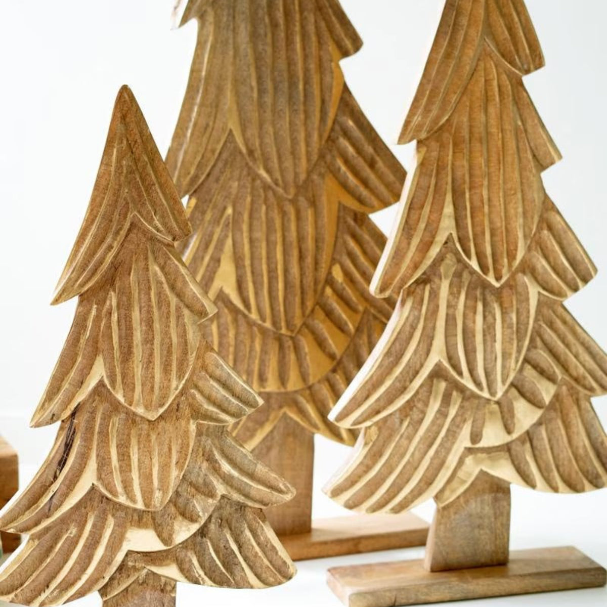 Carved Wooden Christmas Trees with Gold Bases, set of 3 natural mango wood trees with gifts