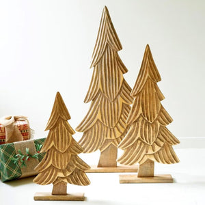 Carved Wooden Christmas Trees with Gold Bases, set of 3 natural mango wood trees with gifts