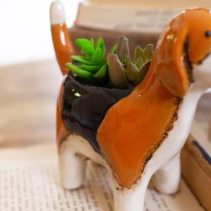 Ceramic dachshund dog planter with a succulent