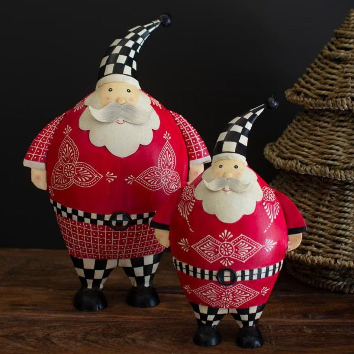 Checkerboard Santas, set of 2 hand-painted metal Santas with black and white checkered hats