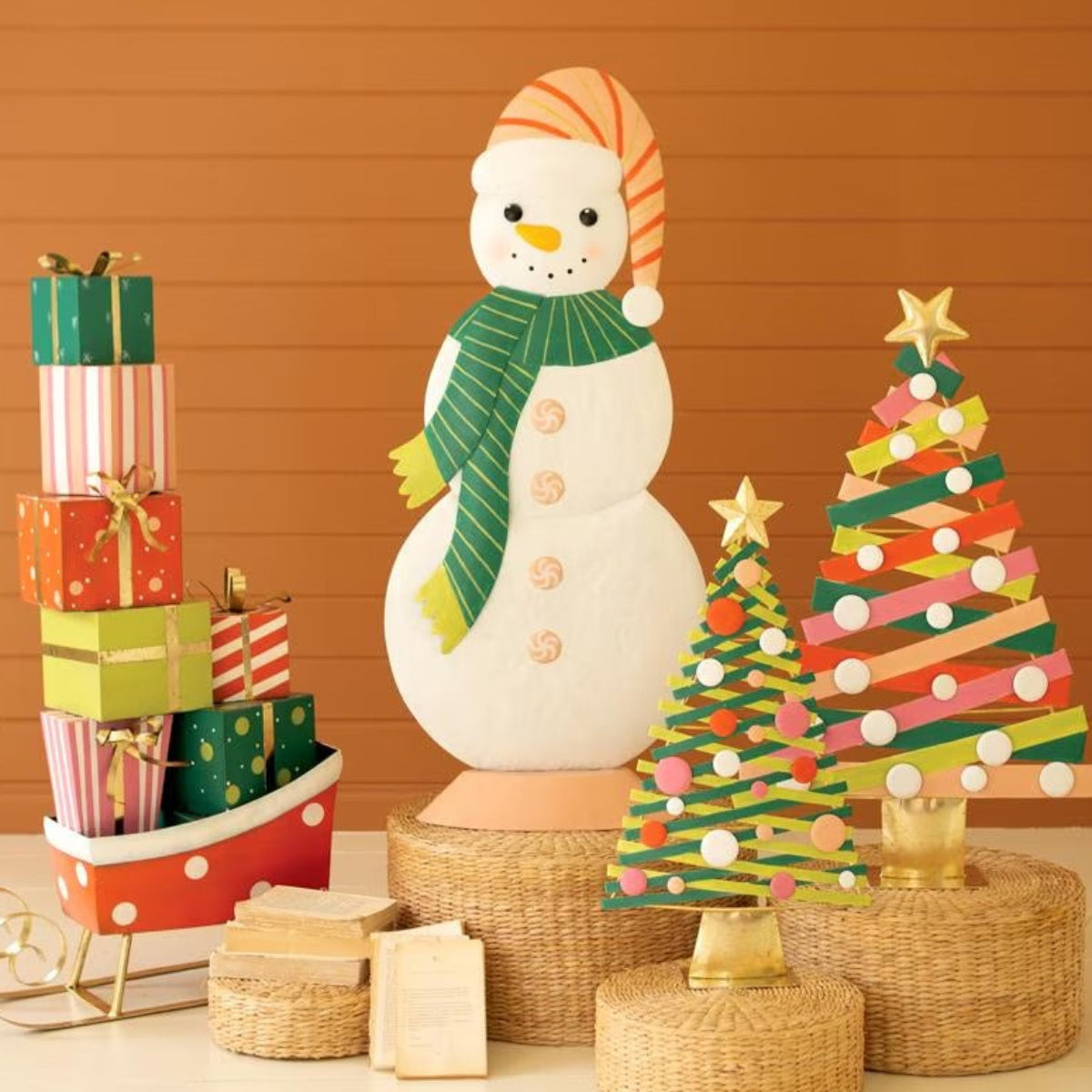 Colorful Metal Snowman Christmas Accent, 47 inch painted snowman with striped hat and green scarf