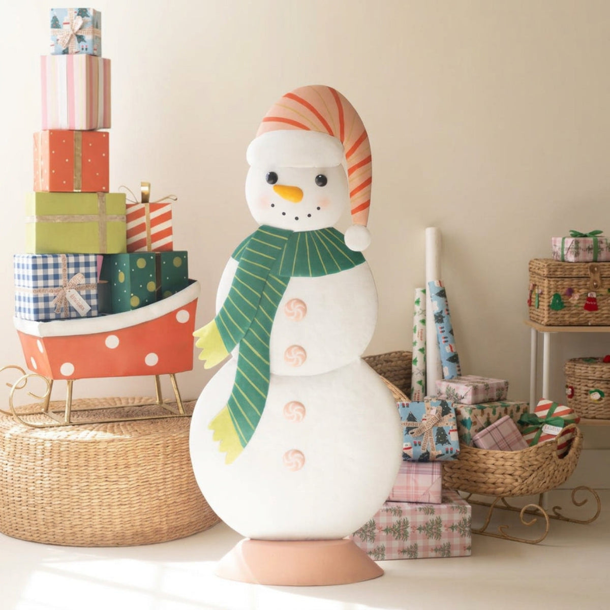 Colorful Metal Snowman Christmas Accent, 47 inch painted snowman with striped hat and green scarf