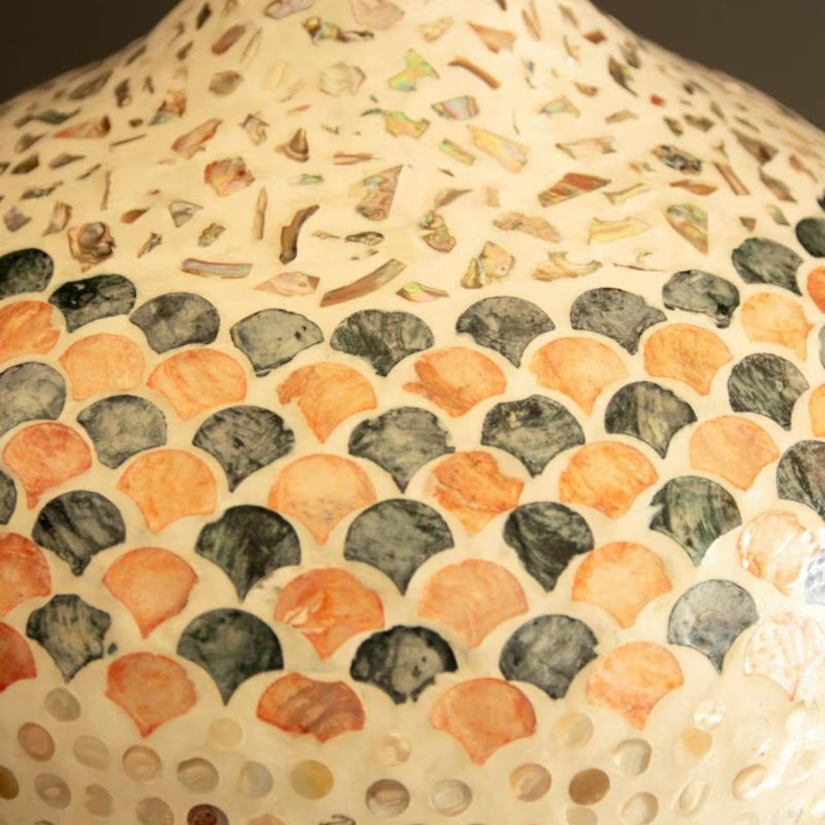 Inside view of colorful capiz dome pendant shade