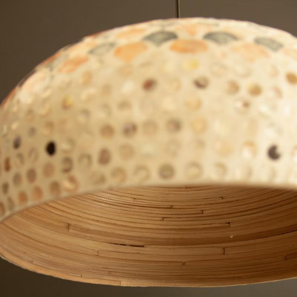 Coral and Blue Capiz Dome Pendant Light hanging in a room