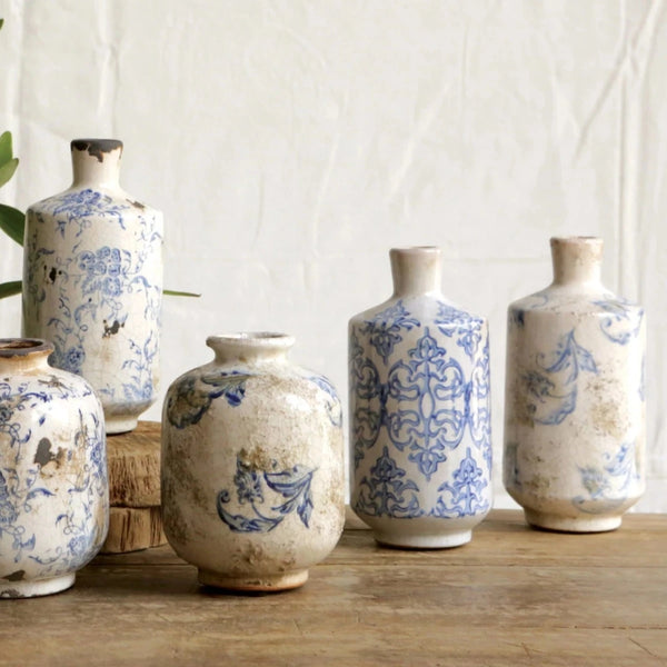 Antique-Style Transferware Vases - Set of 3 Blue & White Terra