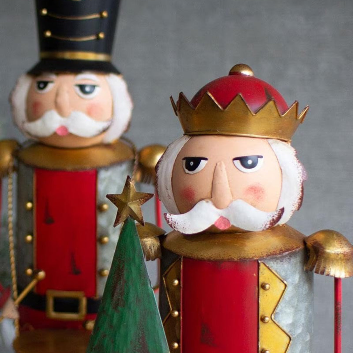 Drum, Tree & Gift Nutcracker Trio, set of 3 painted metal nutcrackers carrying a drum, Christmas tree and presents