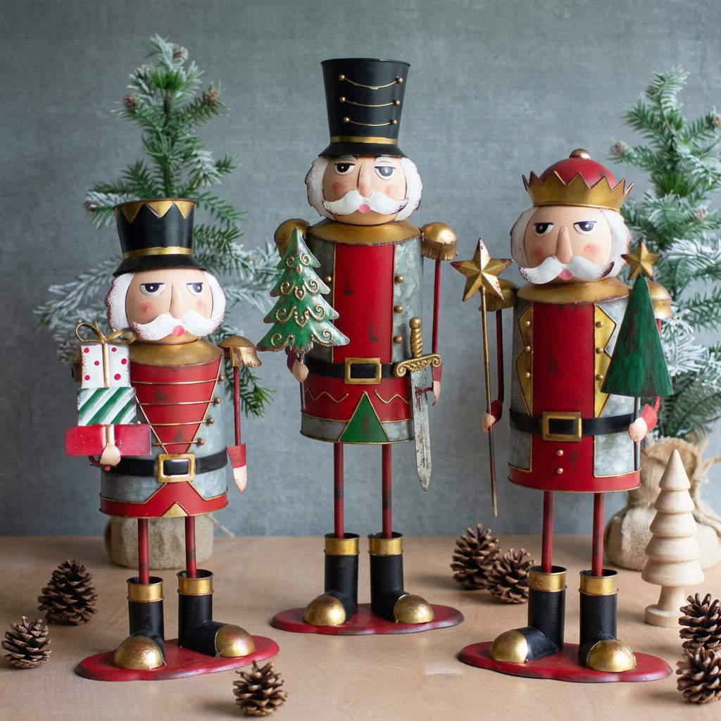 Drum, Tree & Gift Nutcracker Trio, set of 3 painted metal nutcrackers carrying a drum, Christmas tree and presents