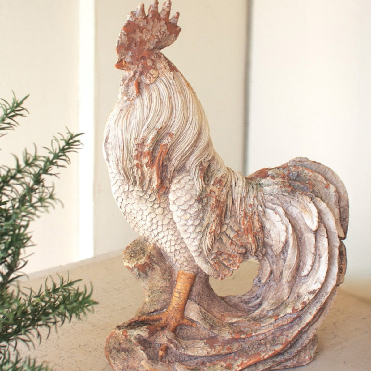 Distressed faux concrete rooster sculpture