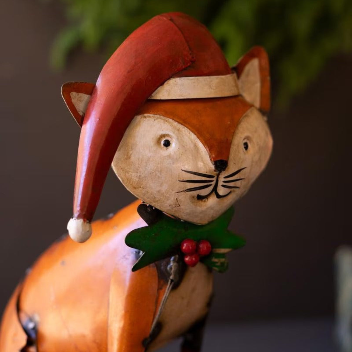 Forest Friends Holiday Trio, hand-painted metal rabbit, cat and squirrel in holiday attire