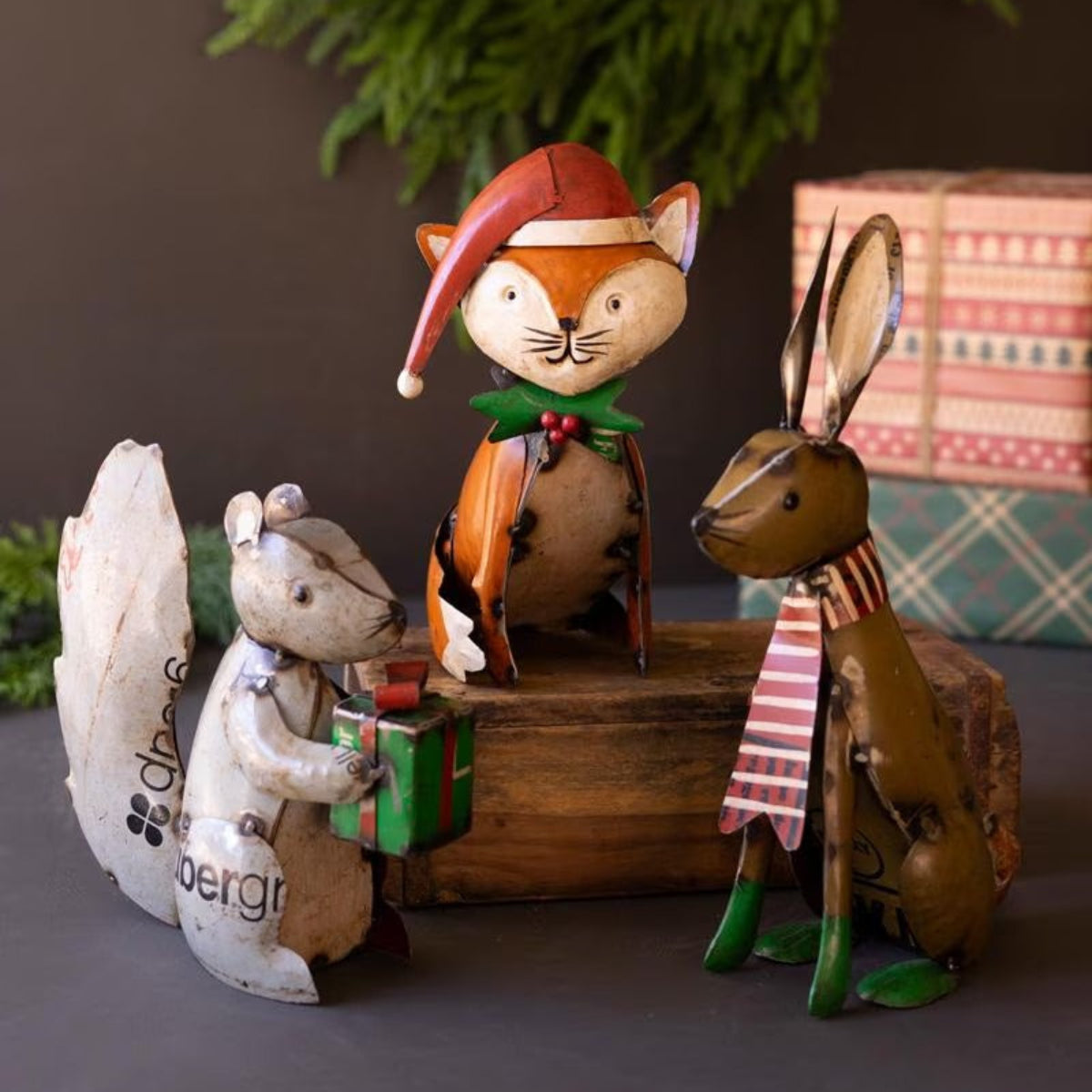 Forest Friends Holiday Trio, hand-painted metal rabbit, cat and squirrel in holiday attire