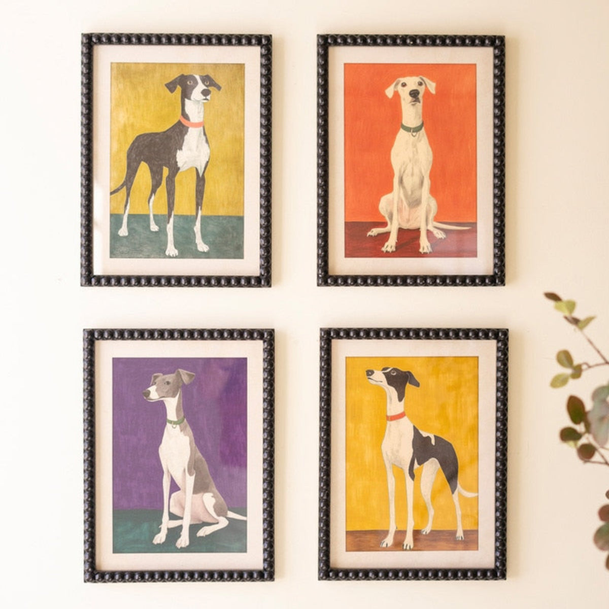 Four framed hound dog prints with colorful mats
