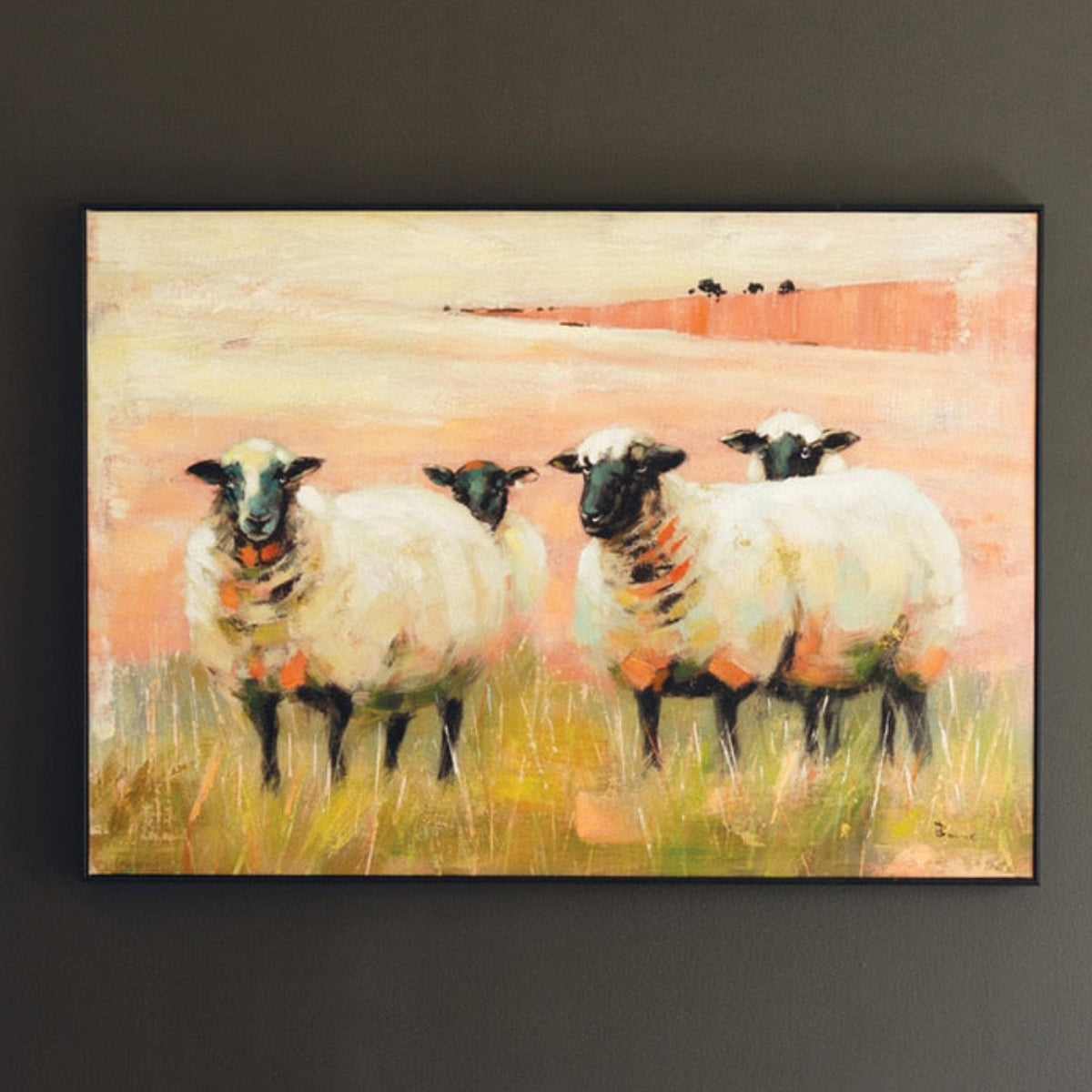 Framed canvas painting of grazing sheep in soft pastel tones