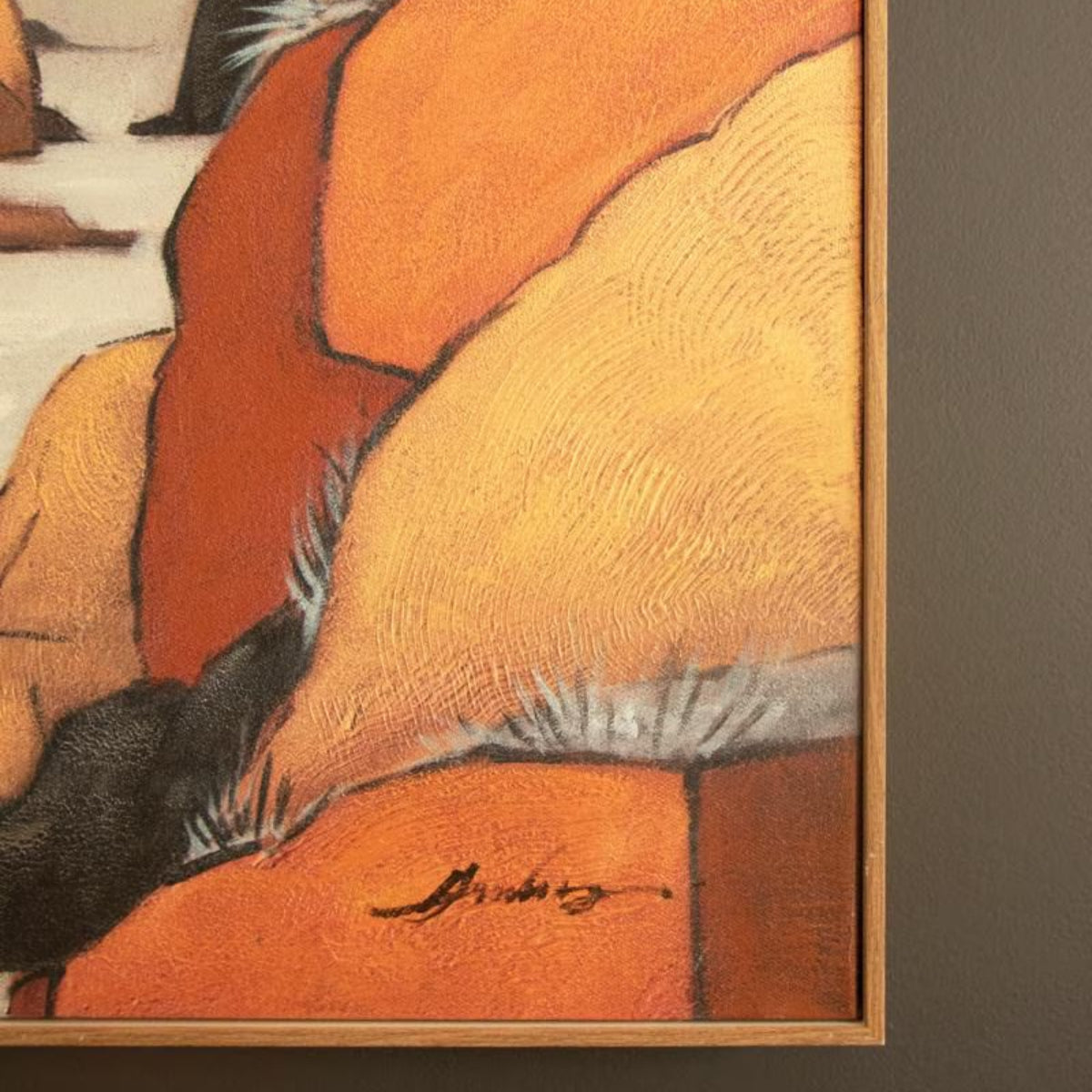 Detail of painted orange hillside and natural wood frame
