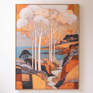 Framed birch landscape canvas on a white background