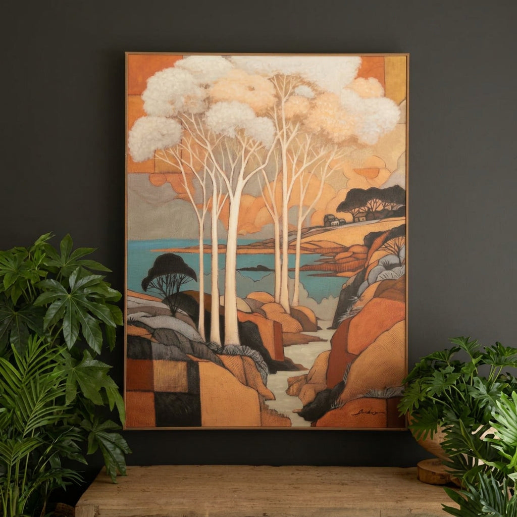 Golden Birch Landscape Canvas Art, framed painting of white trees over amber hills