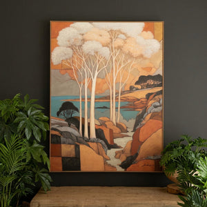 Golden Birch Landscape Canvas Art, framed painting of white trees over amber hills