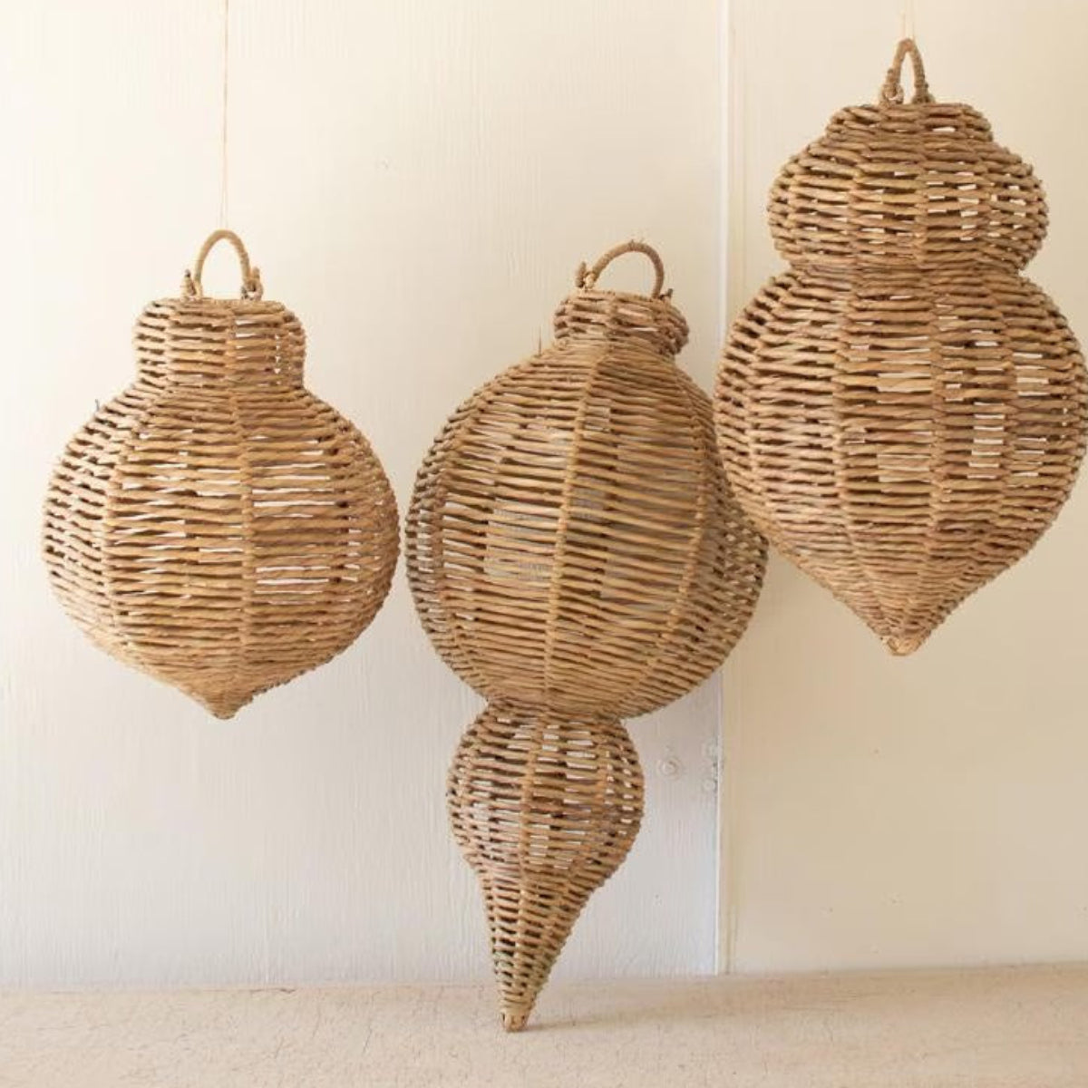 Haitian Seagrass Ornament Trio, set of 3 large woven seagrass and iron hanging ornaments