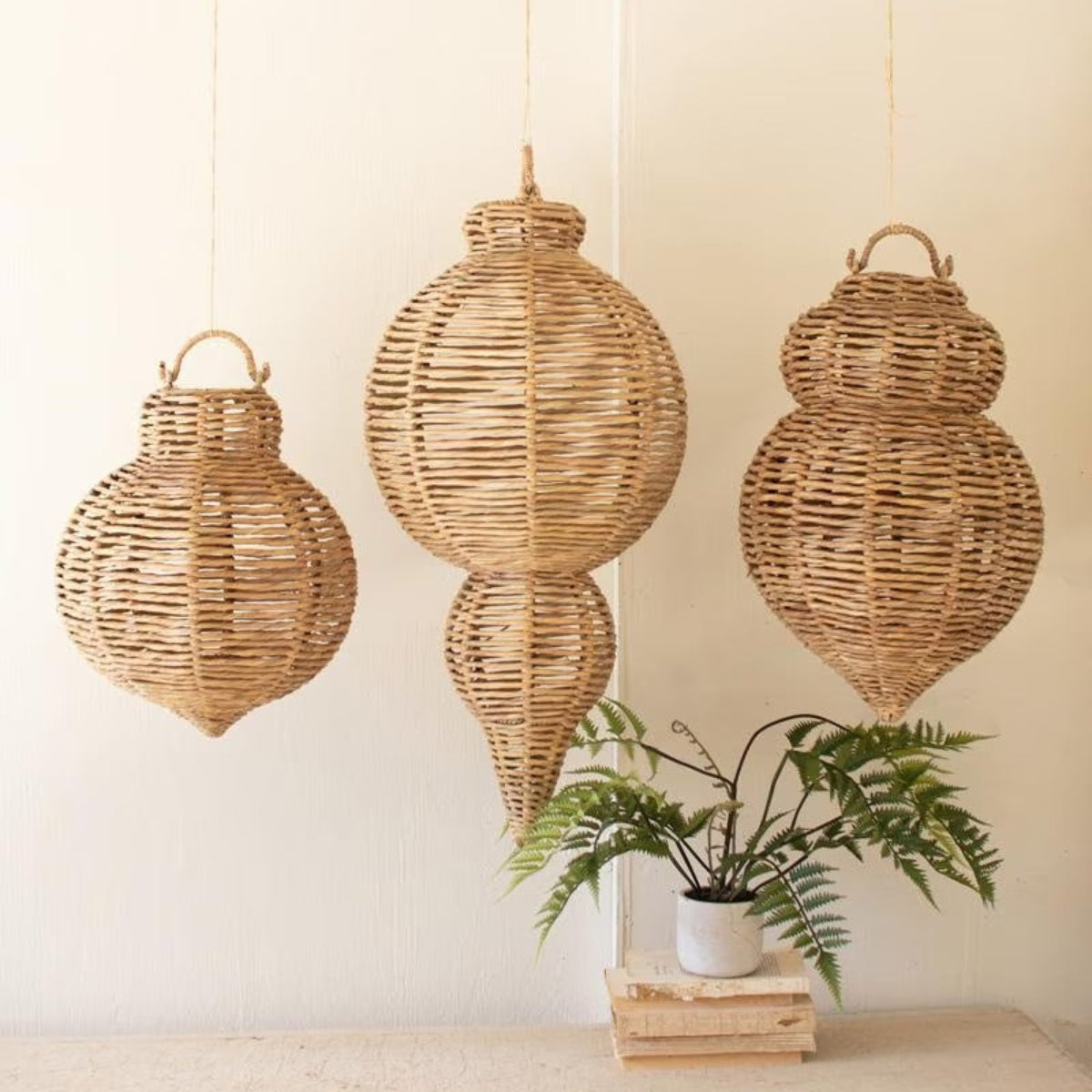 Haitian Seagrass Ornament Trio, set of 3 large woven seagrass and iron hanging ornaments