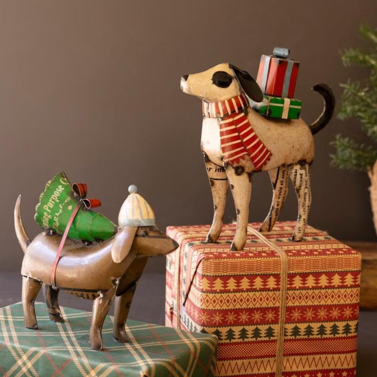 Holiday Pup Pals, set of 2 recycled metal Christmas dogs carrying gifts and a tree