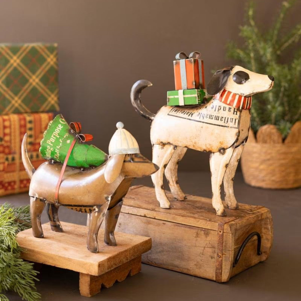 Holiday Pup Pals, set of 2 recycled metal Christmas dogs carrying gifts and a tree