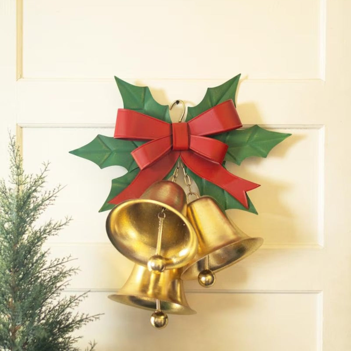 Holly & Brass Bells Door Knocker, painted metal gold bells with holly and red bow