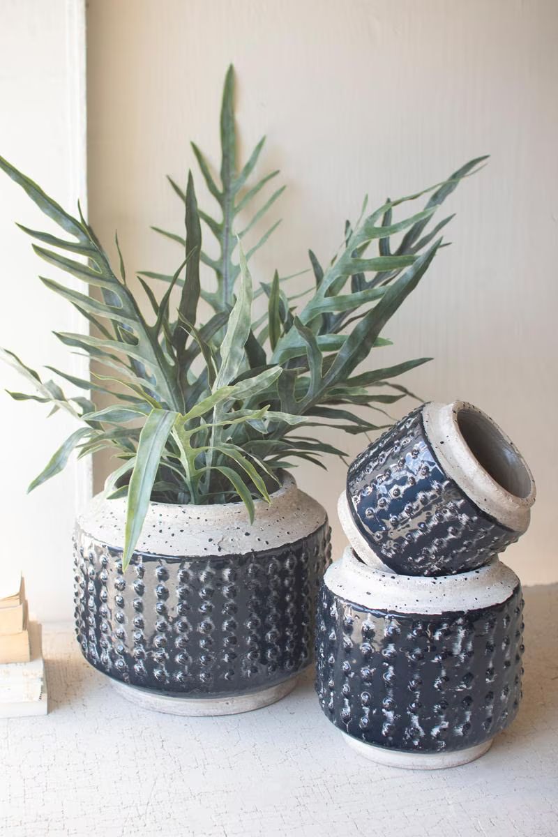 Knobby blue glazed ceramic planters set of 3 with succulents