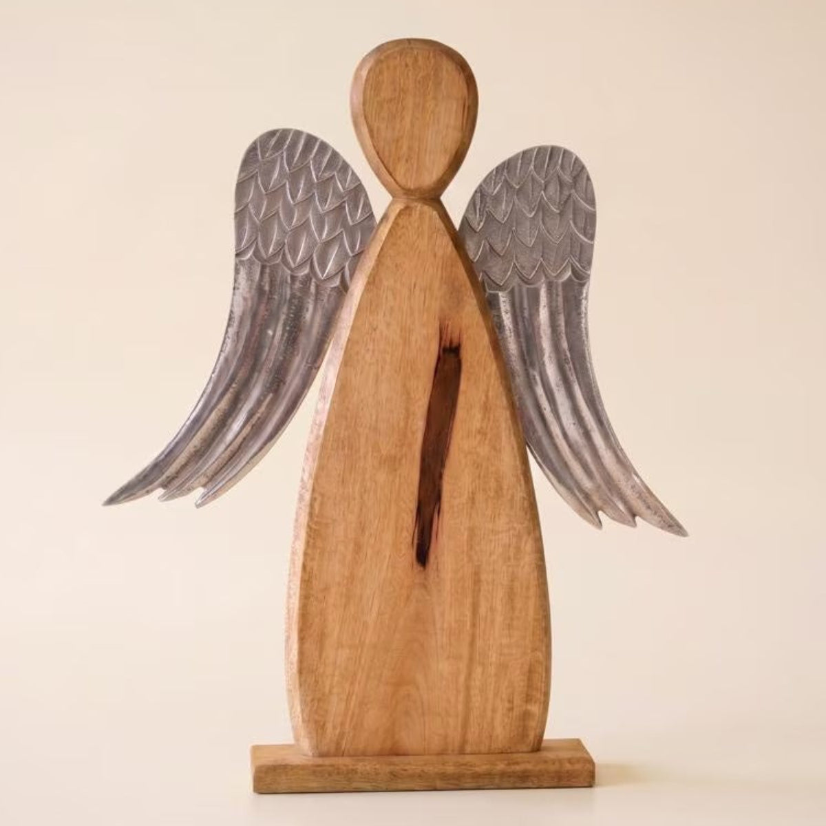 Mango Wood Angel with Aluminum Wings, carved wood angel with hammered silver wings