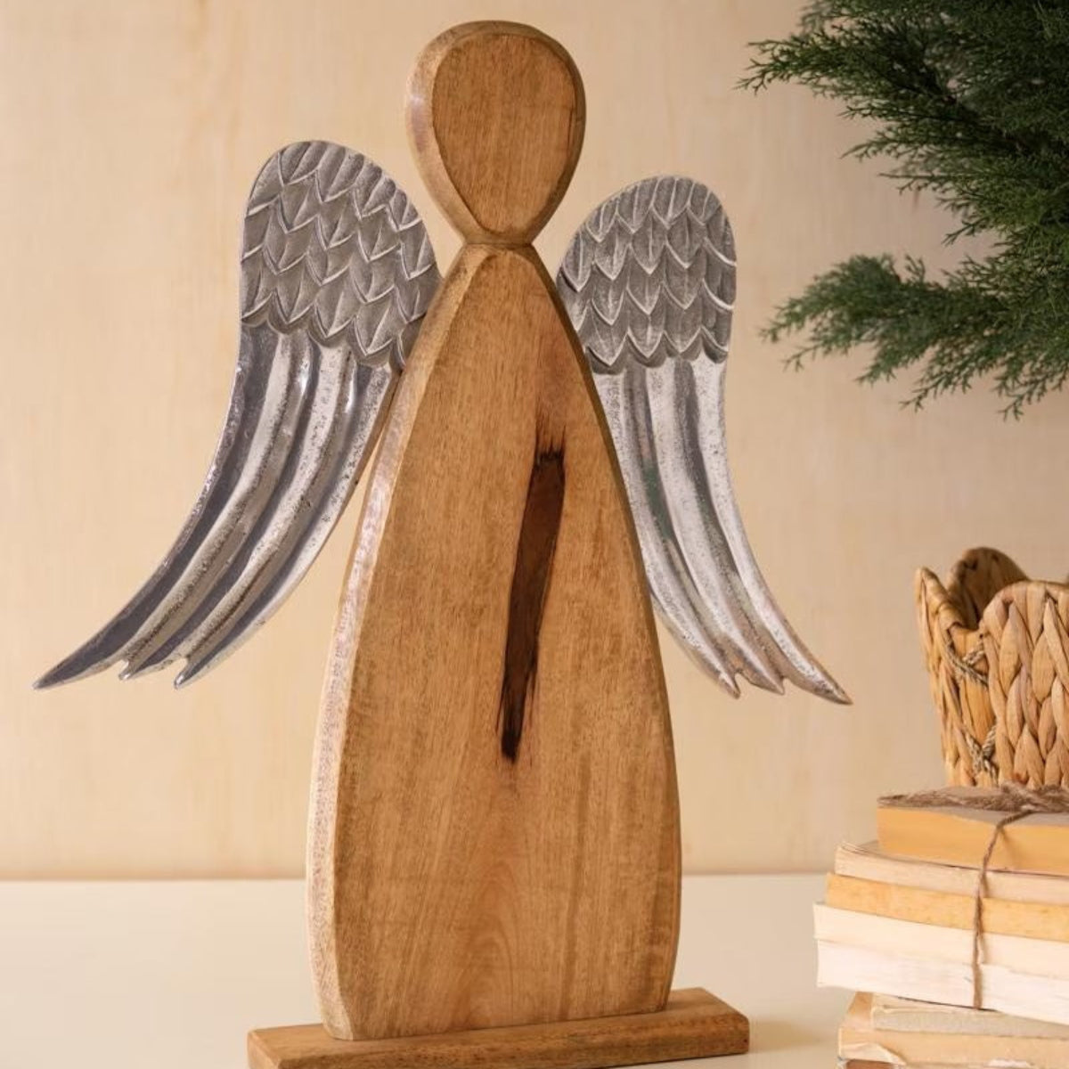 Mango Wood Angel with Aluminum Wings, carved wood angel with hammered silver wings
