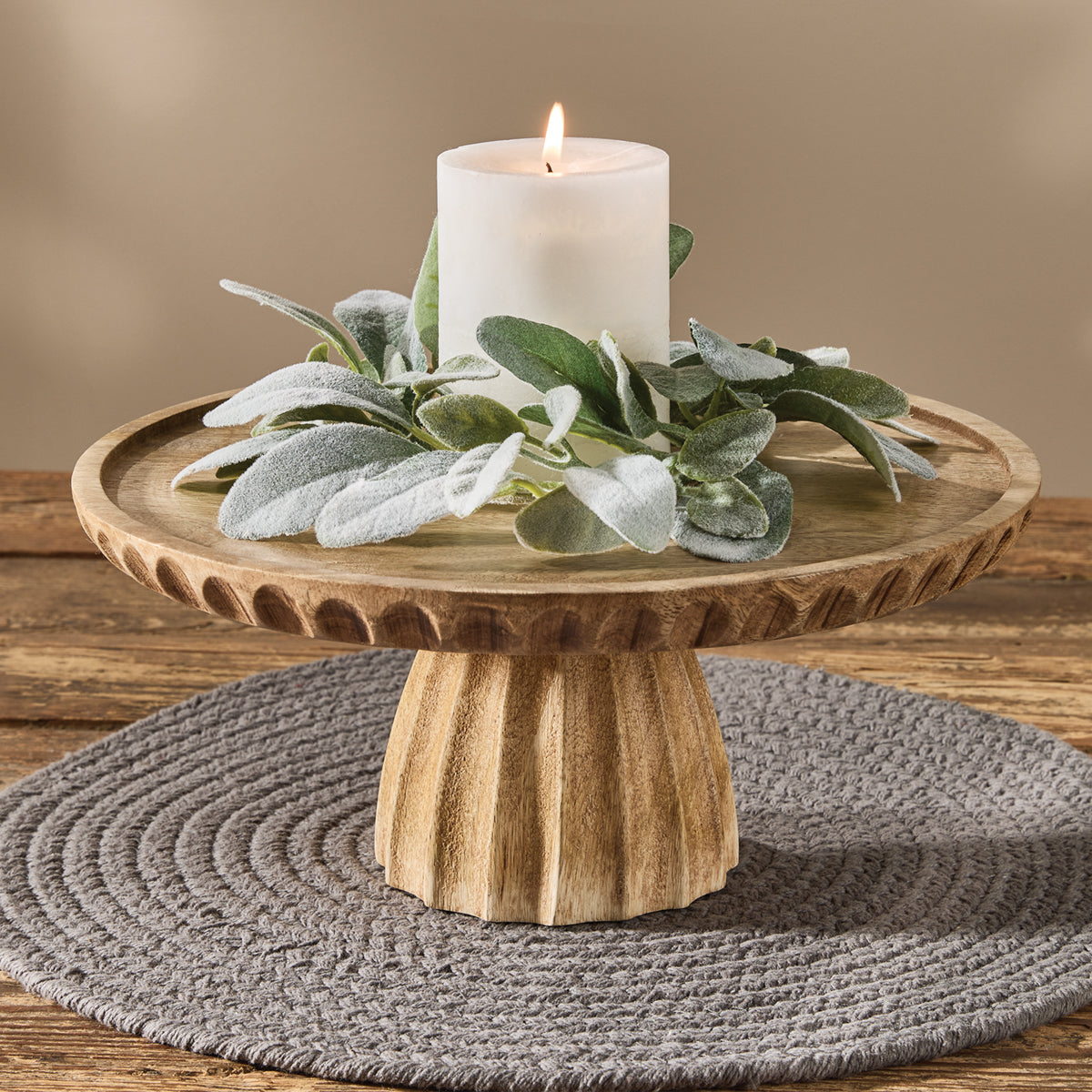 Fluted Stand Fluted Wood Cake Stand | Rustic Wooden Pedestal Display - Iron Accents