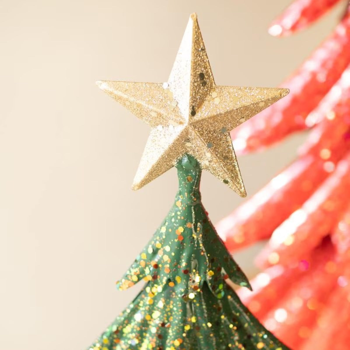 Merry & Bright Glitter Trees, set of 2 red and green metal Christmas trees with gold stars
