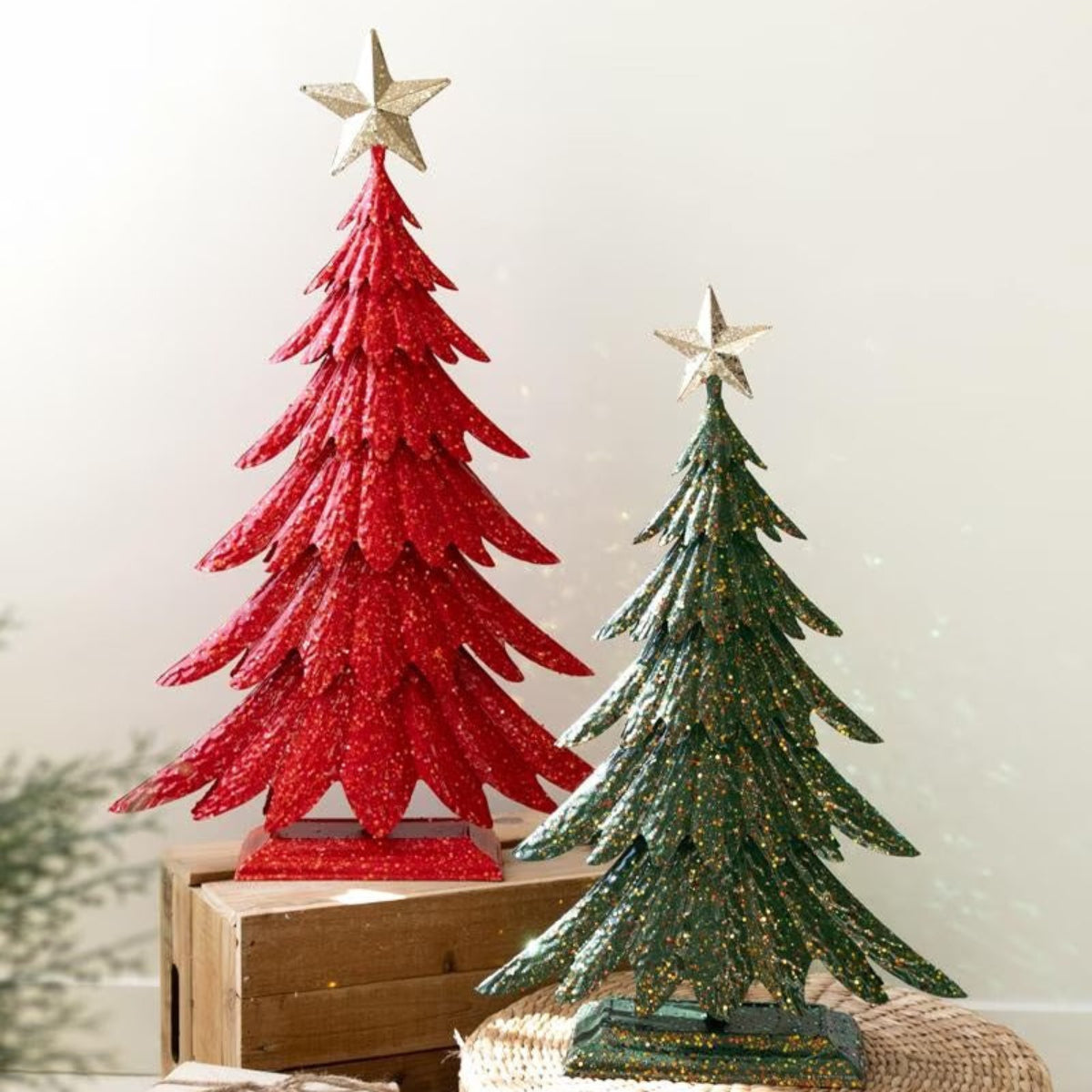 Merry & Bright Glitter Trees, set of 2 red and green metal Christmas trees with gold stars