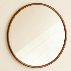 38.5 inch round wood wall mirror on a white background