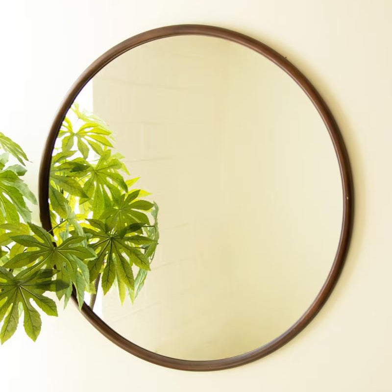 Minimalist Round Wood Wall Mirror styled with a potted plant