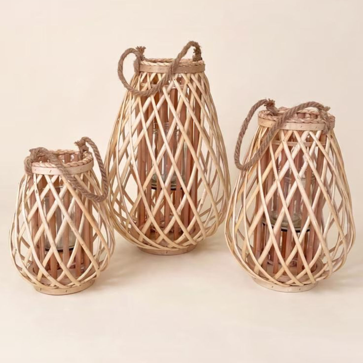 Three willow lanterns in graduated sizes on a white background