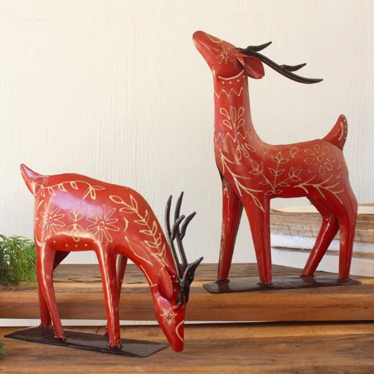 Nordic Folk Reindeer, set of 2 red hand-painted recycled metal reindeer
