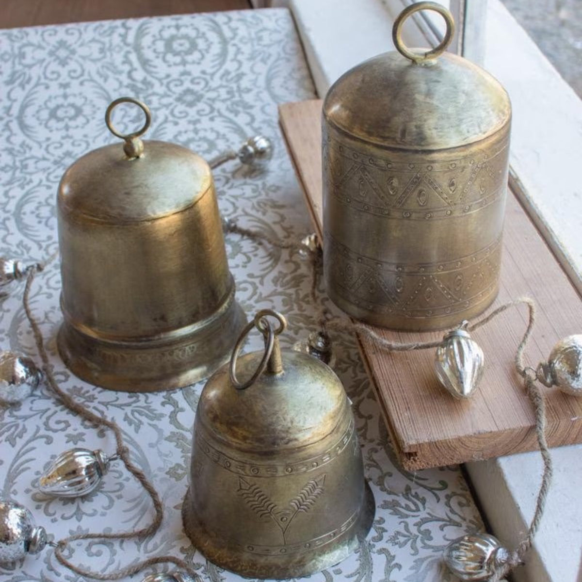 Old World Etched Brass Bells, set of 3 antique brass finish decorative bells