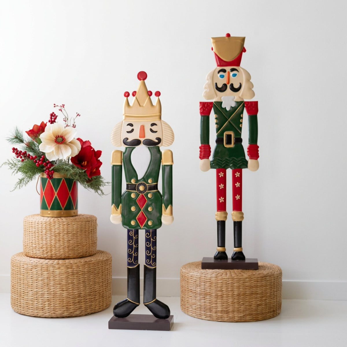 Oversized Painted Metal Nutcrackers, pair of 42 inch red and green iron nutcrackers