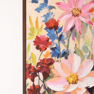 Detail of painted pink and blue flowers and frame corner