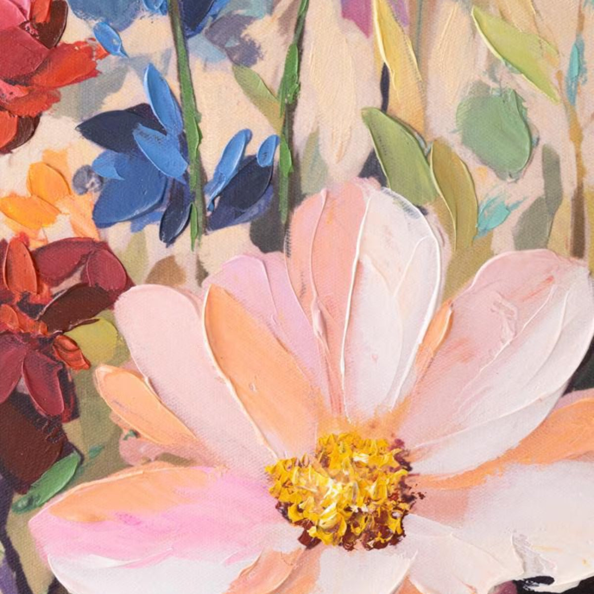 Close-up of pink cosmos flower with textured acrylic detail